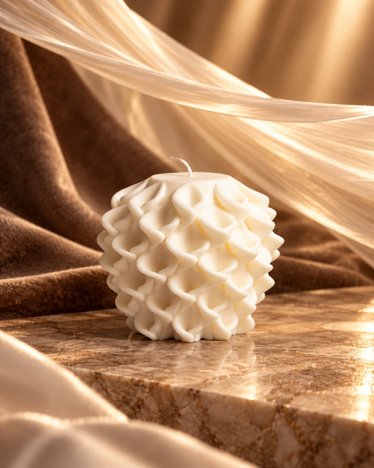 Large ivory Petal Bloom candle with a rounded form and layered wax petals