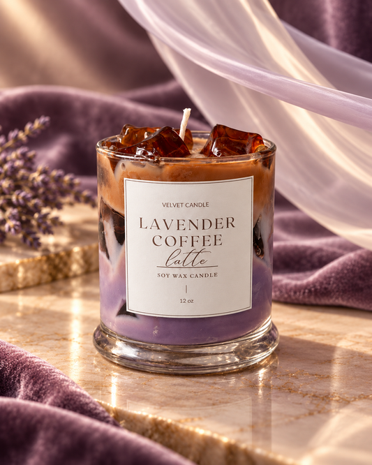 Lavender Coffee Latte candle with pale purple and coffee-colored wax beneath translucent wax ice