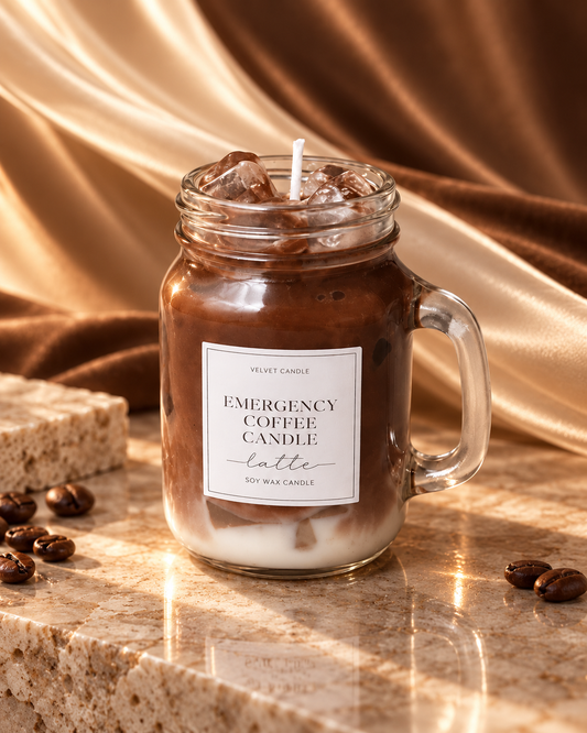 Mini iced coffee candle with cream and brown wax layers in a handled glass mug