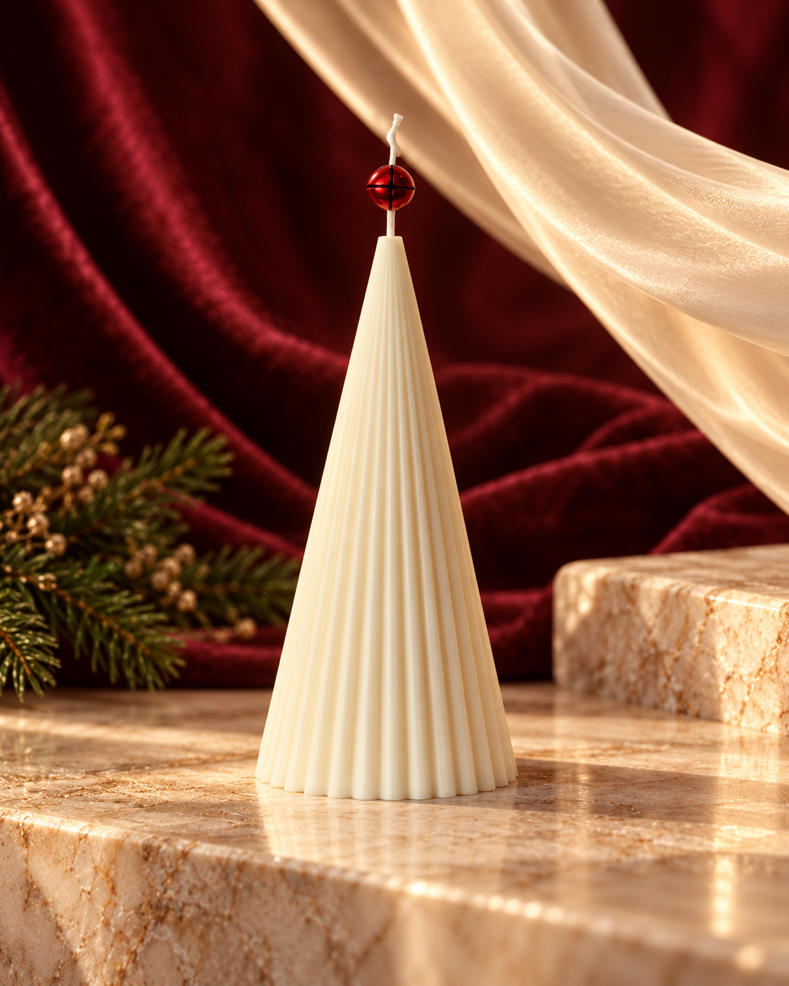 Tall ivory cone-shaped Christmas candle with fine vertical ridges and a red bell detail