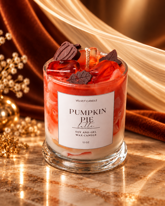 Pumpkin Pie Spice Latte candle with orange and cream wax layers and decorative wax pieces