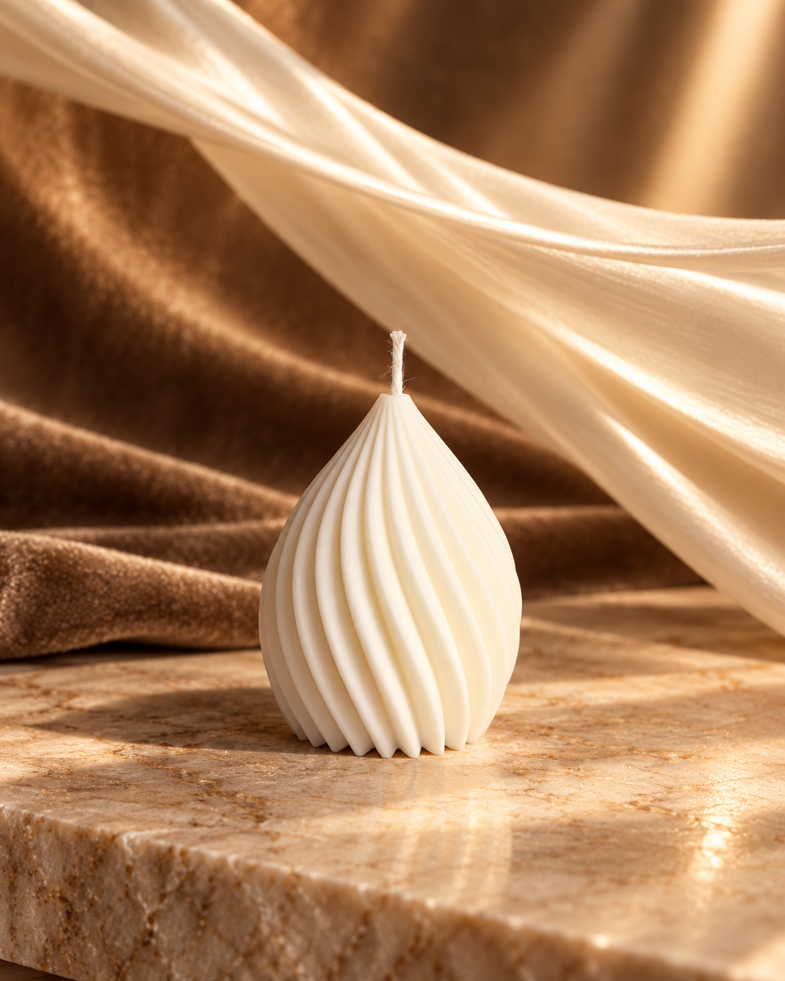 Ivory teardrop candle with flowing spiral ribs and a pointed top