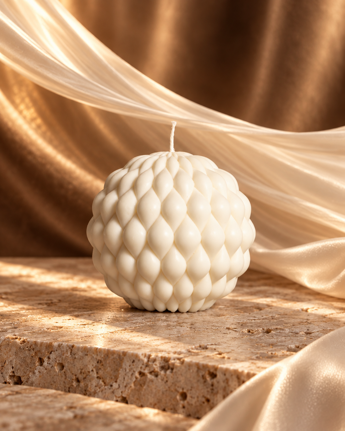 Ivory spherical candle covered with rows of sculpted teardrop shapes
