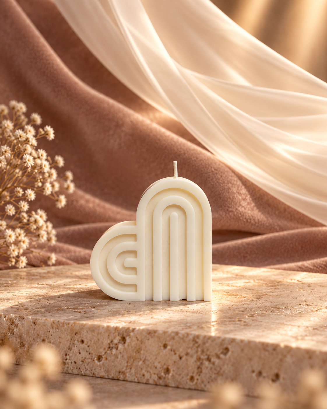 Ivory heart-shaped candle outlined by curved sculptural ridges
