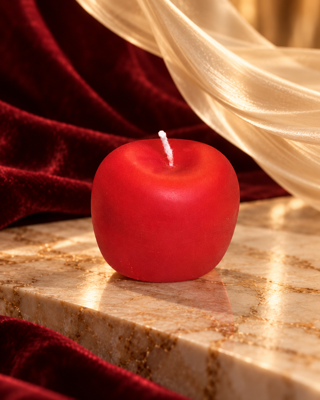 Red apple-shaped candle with a single wick on a warm stone surface