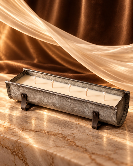 Long rustic galvanized-metal trough filled with ivory wax and a row of wicks