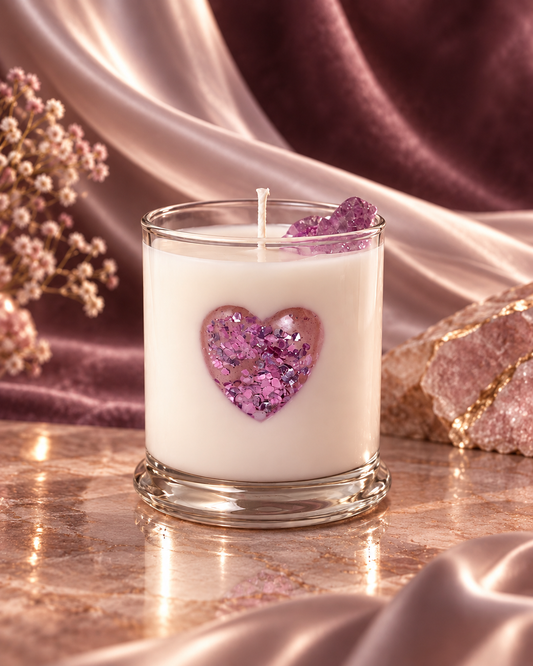 Cream-colored candle in a clear glass with purple sparkling heart decorations