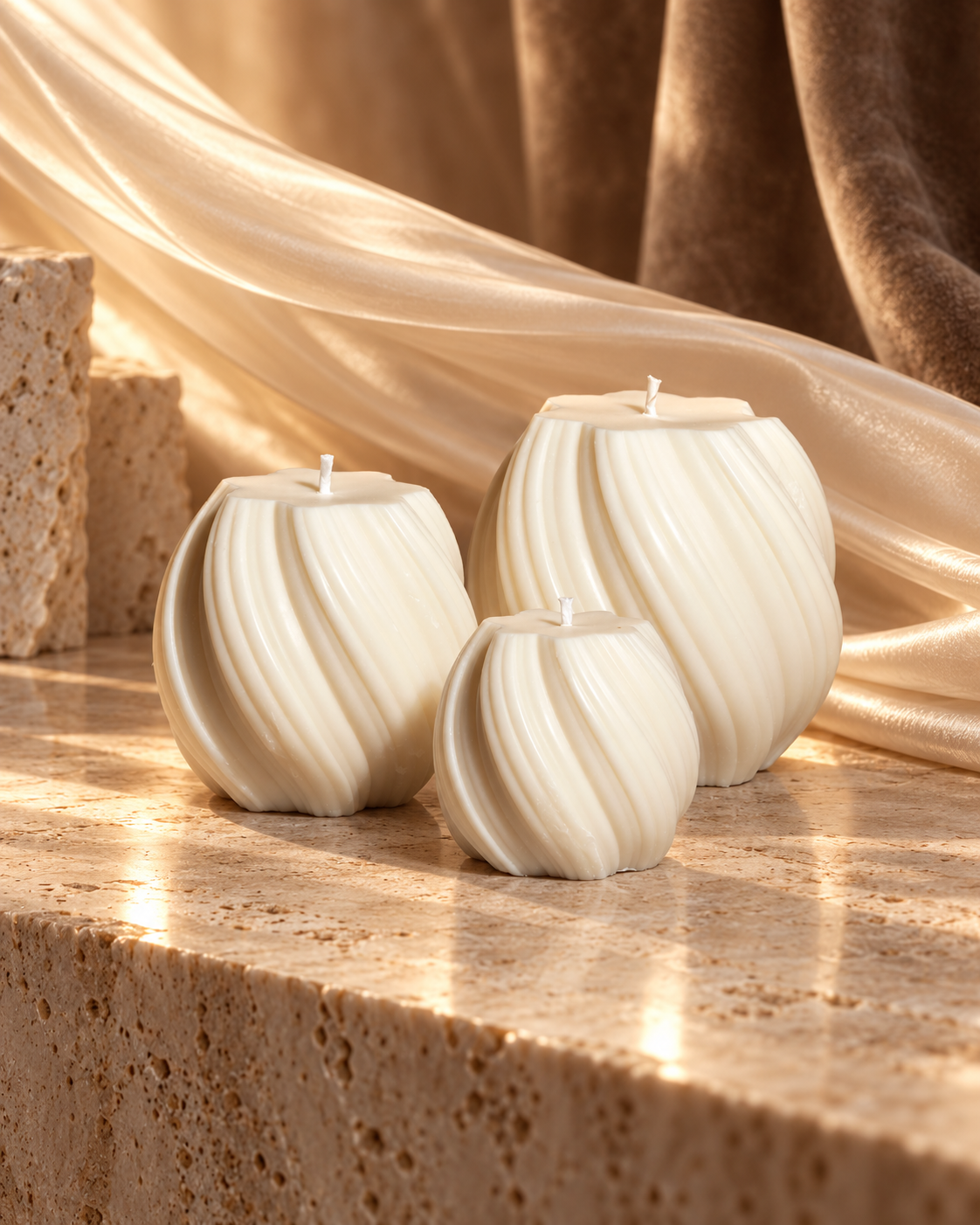 Three ivory sphere candles with curved swirl ridges arranged in graduated sizes