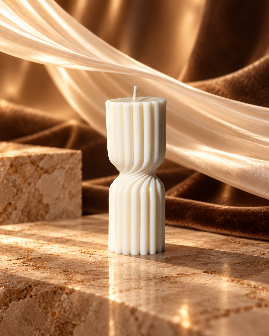 Ivory ribbed pillar candle with a twisted narrow waist on warm stone