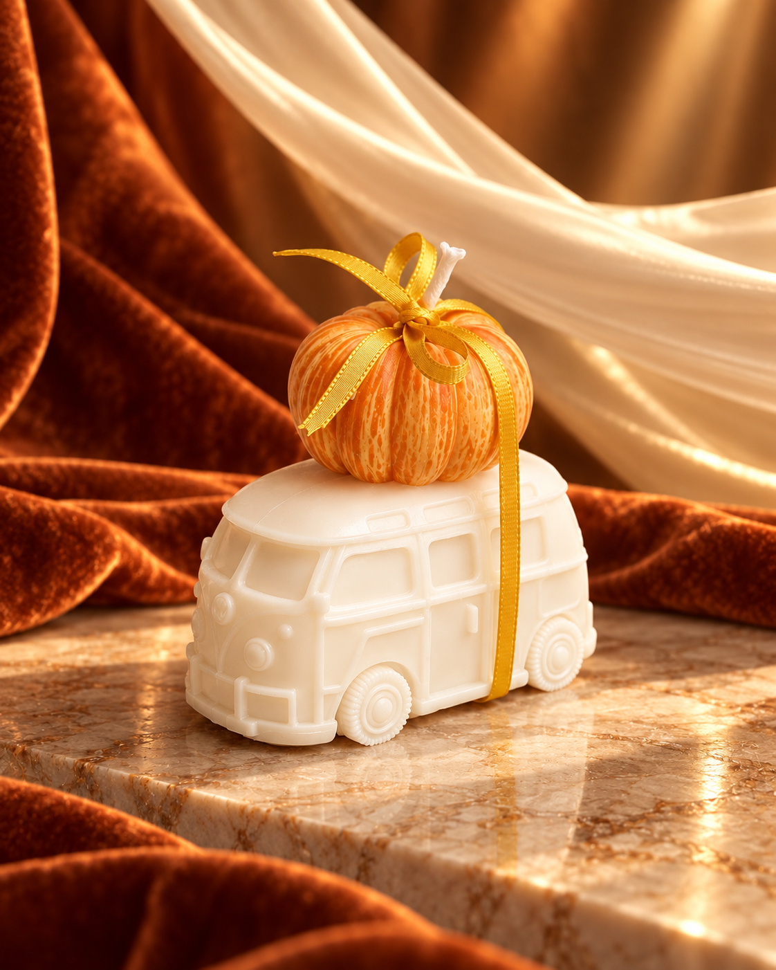 Small orange pumpkin candle with a golden bow resting on an ivory vintage van candle