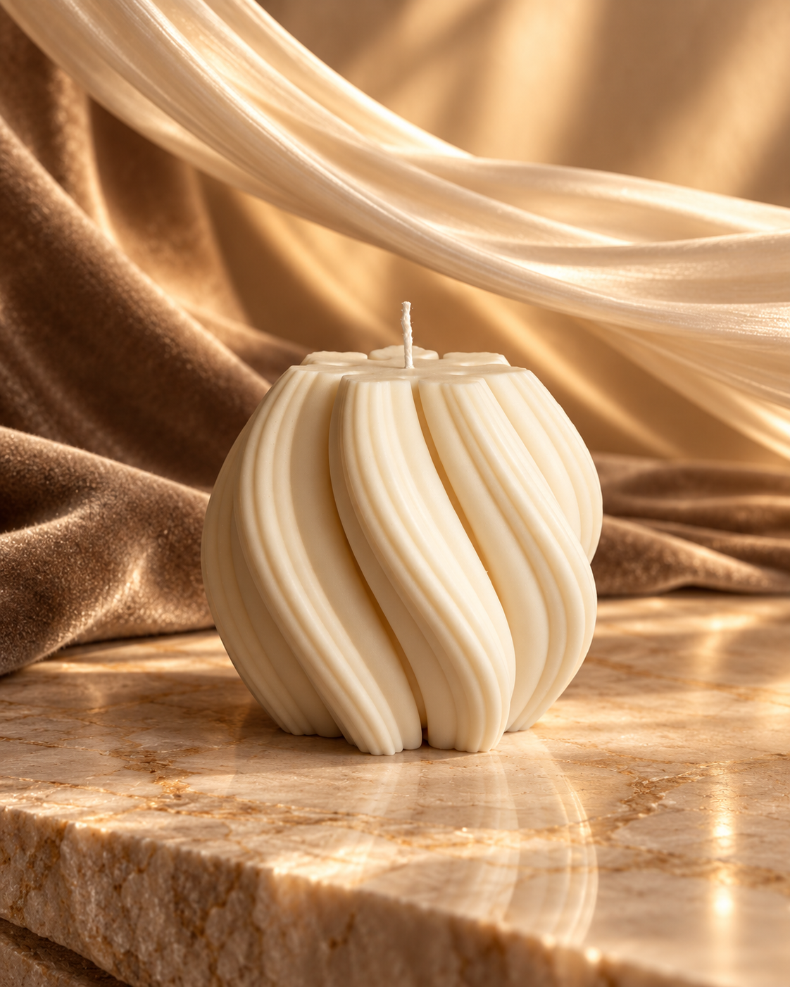 Medium ivory Wave Swirl candle with a rounded body and flowing curved ridges