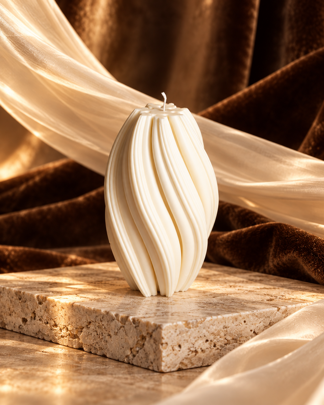 Tall ivory Wave Twirl candle with curved vertical ridges and an elongated silhouette