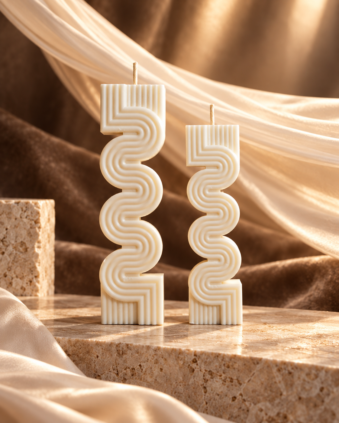 Two ivory wavy pillar candles with ridged zigzag silhouettes in different heights