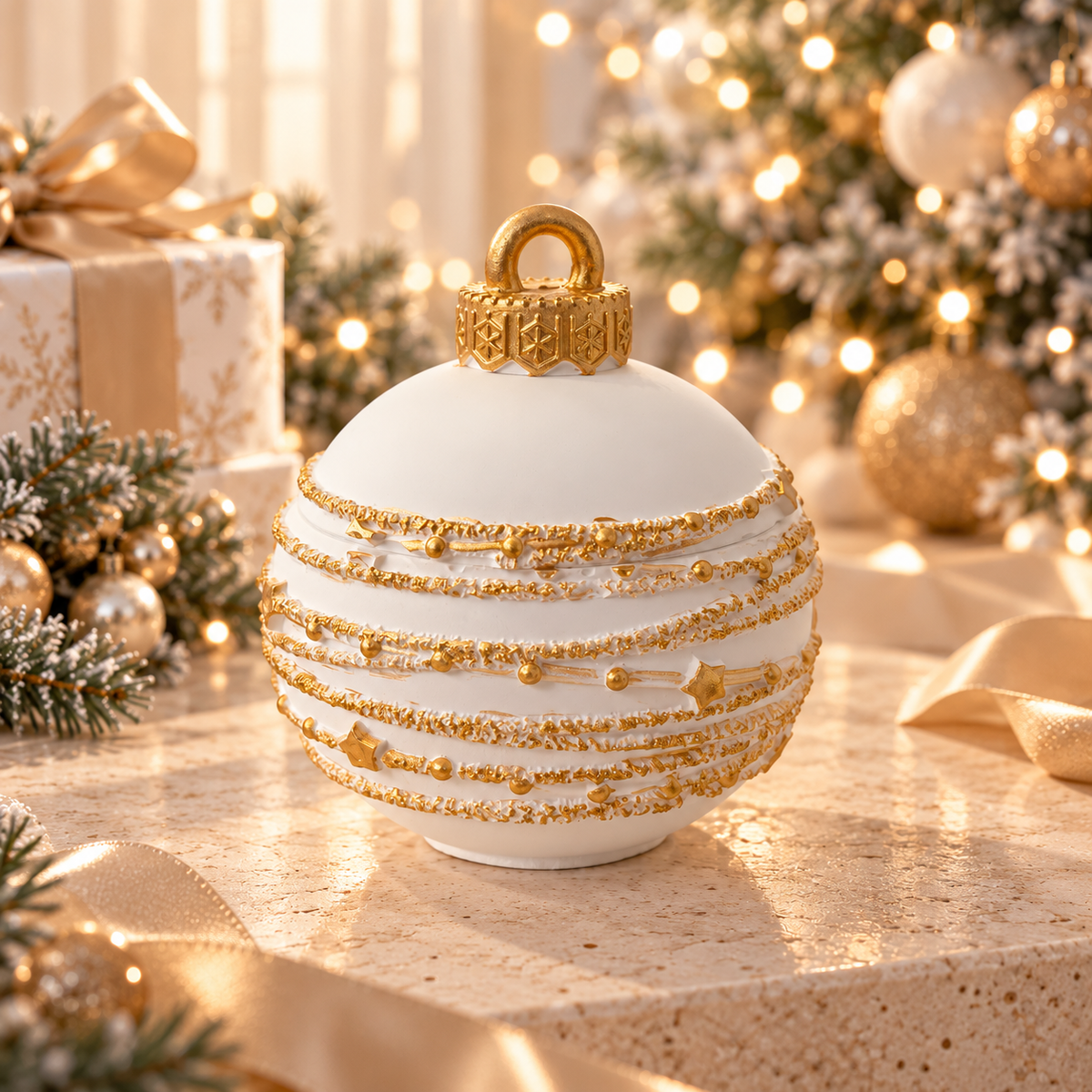 Styled mockup of white and gold star garland ornament candle with matching lid beside a Christmas tree