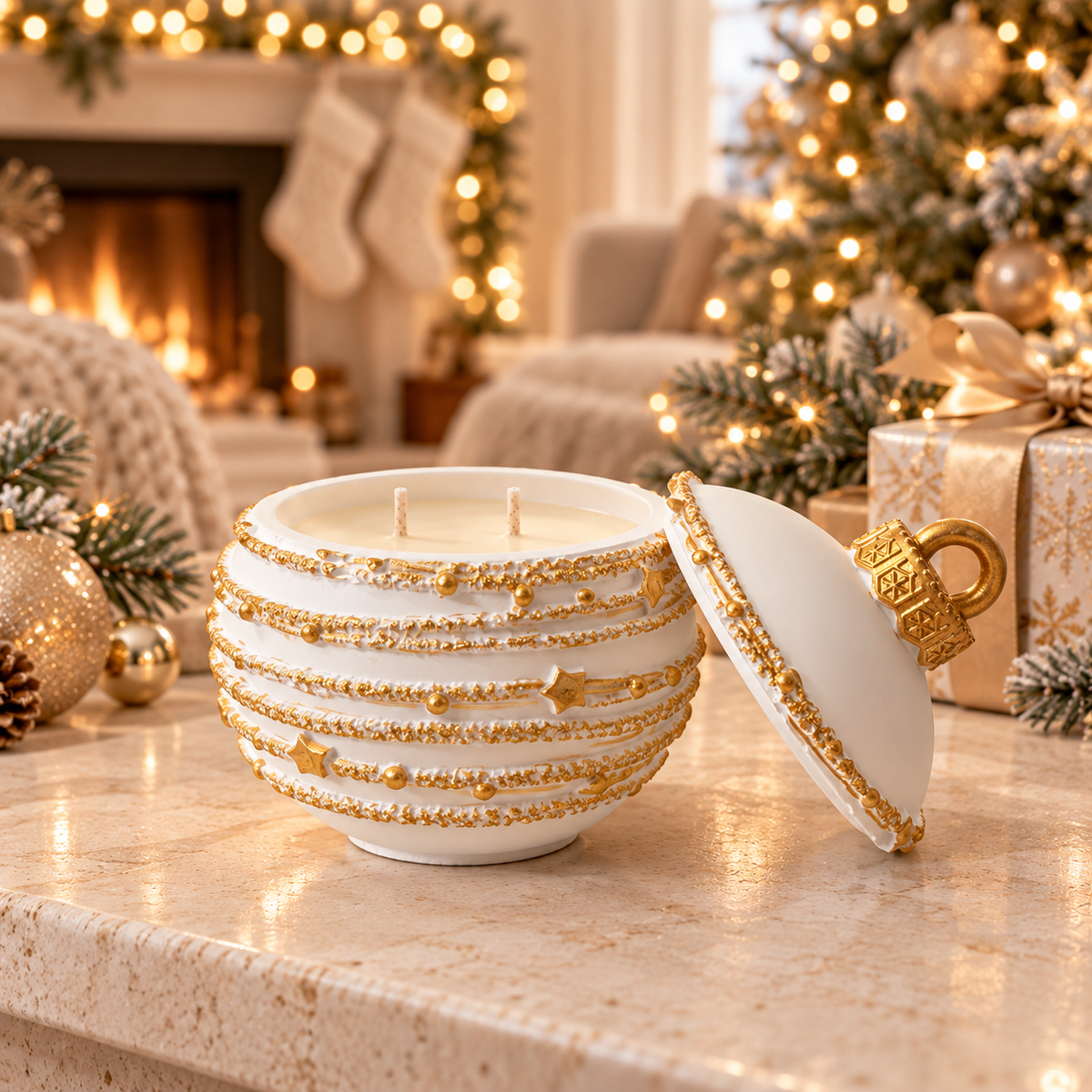 Styled mockup of white and gold star garland ornament candle filled with soy wax and two wicks in a Christmas fireplace setting