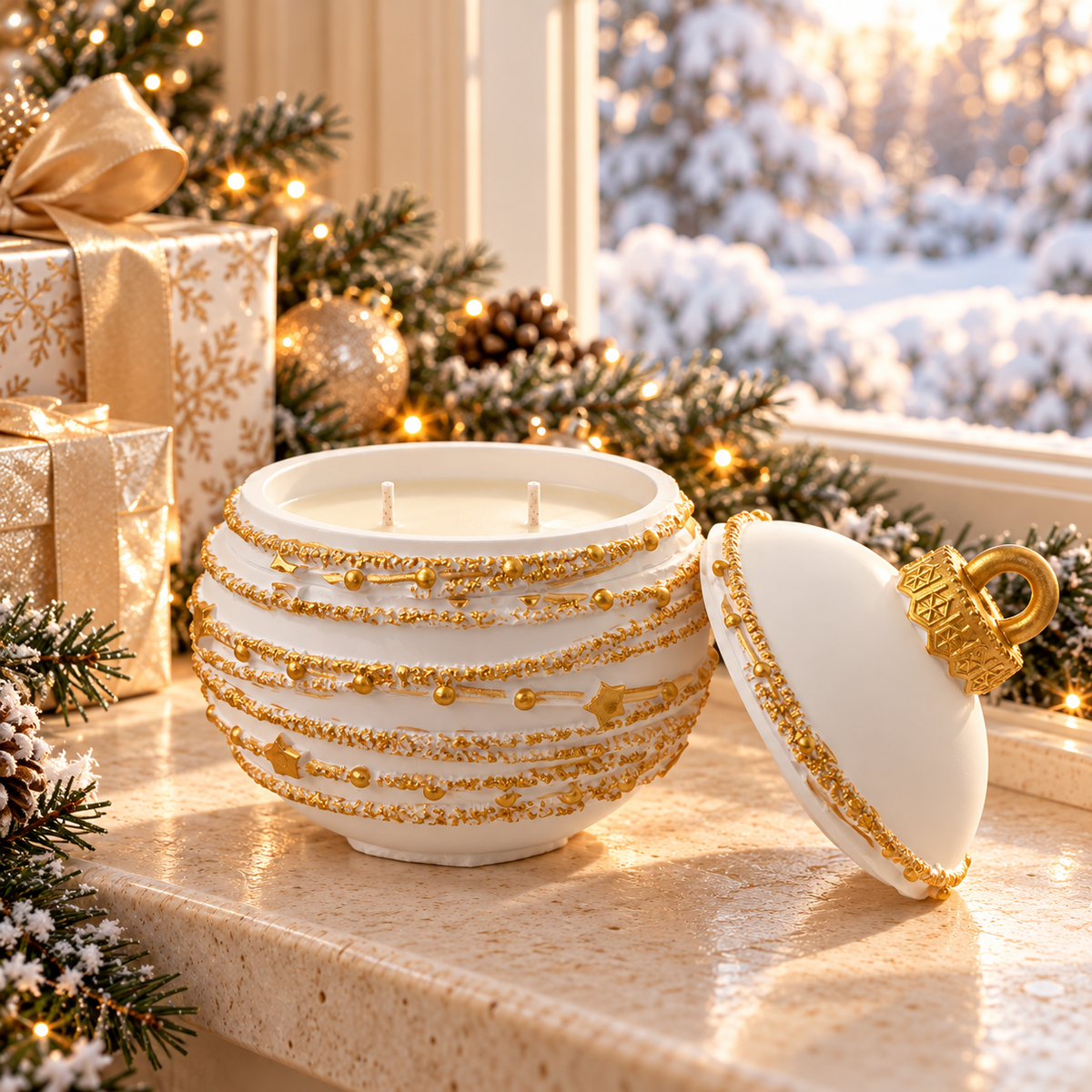 Styled mockup of white and gold star garland ornament jar with soy wax, two wicks, and matching lid by a snowy Christmas window