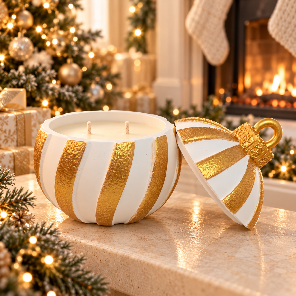 Styled mockup of gold-striped white Christmas ornament candle filled with ivory wax and two wicks beside a Christmas fireplace