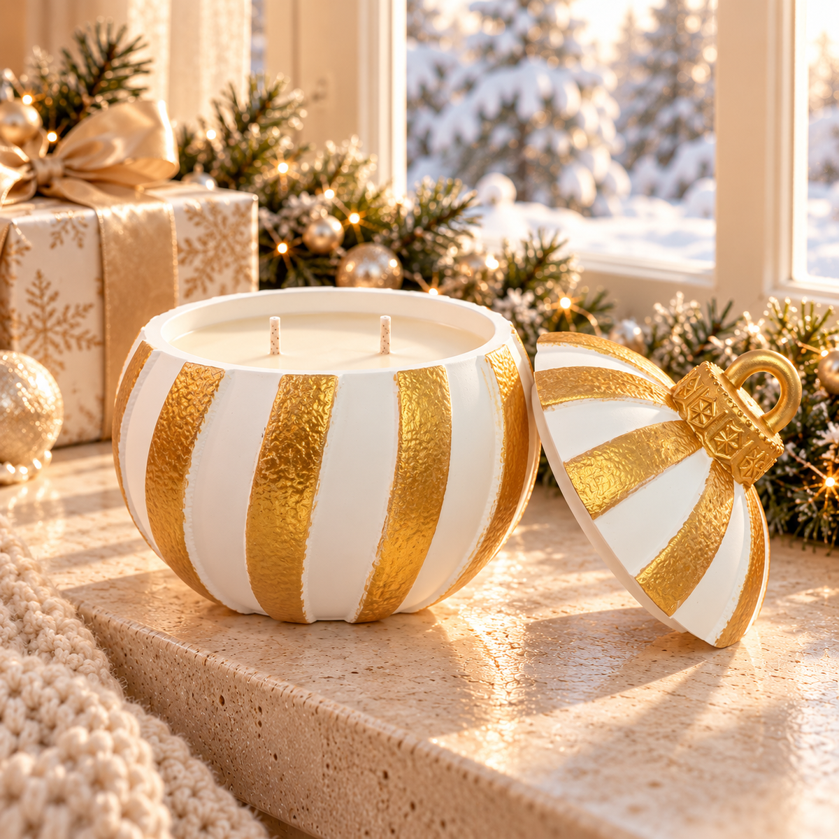 Styled mockup of gold-striped white Christmas ornament candle with ivory wax, two wicks, and matching gold-loop lid by a snowy window