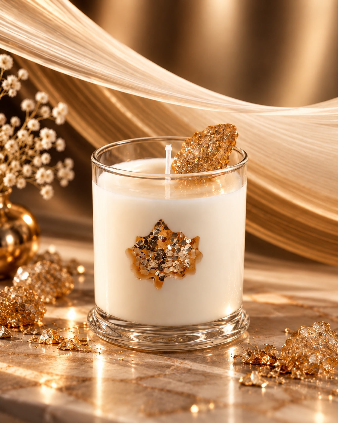 Golden Autumn Maple Leaf candle with warm golden fabric and light