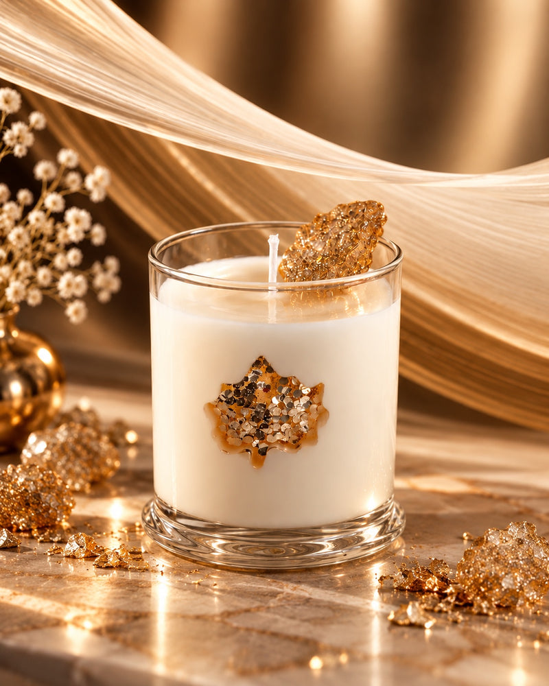 Golden Autumn Maple Leaf candle with warm golden fabric and light