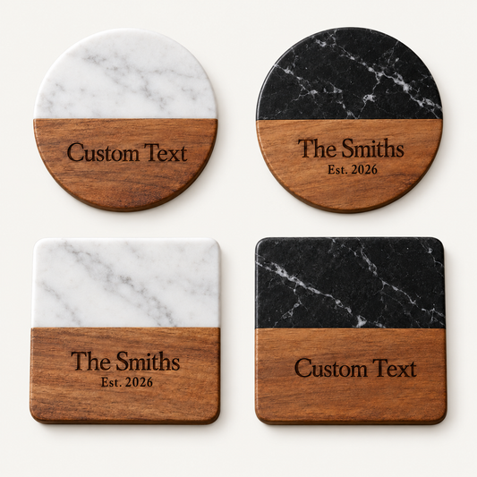 Personalized Marble & Wood Coasters — Custom Engraved Set of 4 on a plain barely beige background
