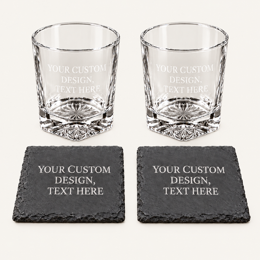 Personalized Whiskey Glass & Slate Coaster Set — 2 Glasses + 2 Coasters on a plain barely beige background