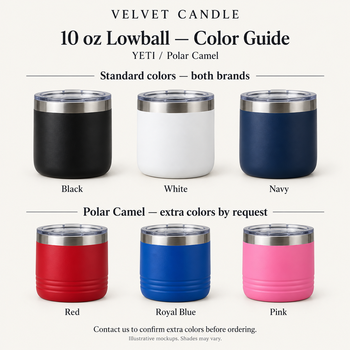 Color guide: standard Black White Navy and additional Polar Camel colors by request