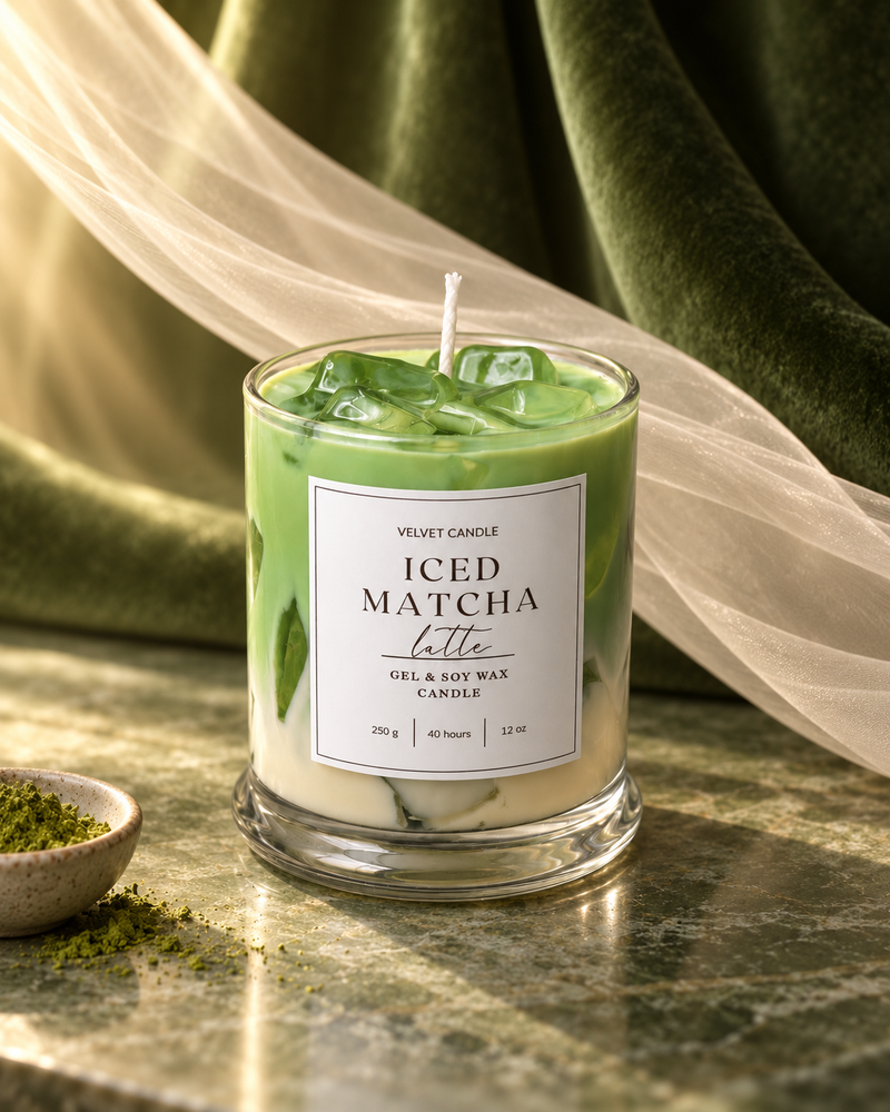 Iced Matcha Latte candle styled with soft green velvet and ivory fabric