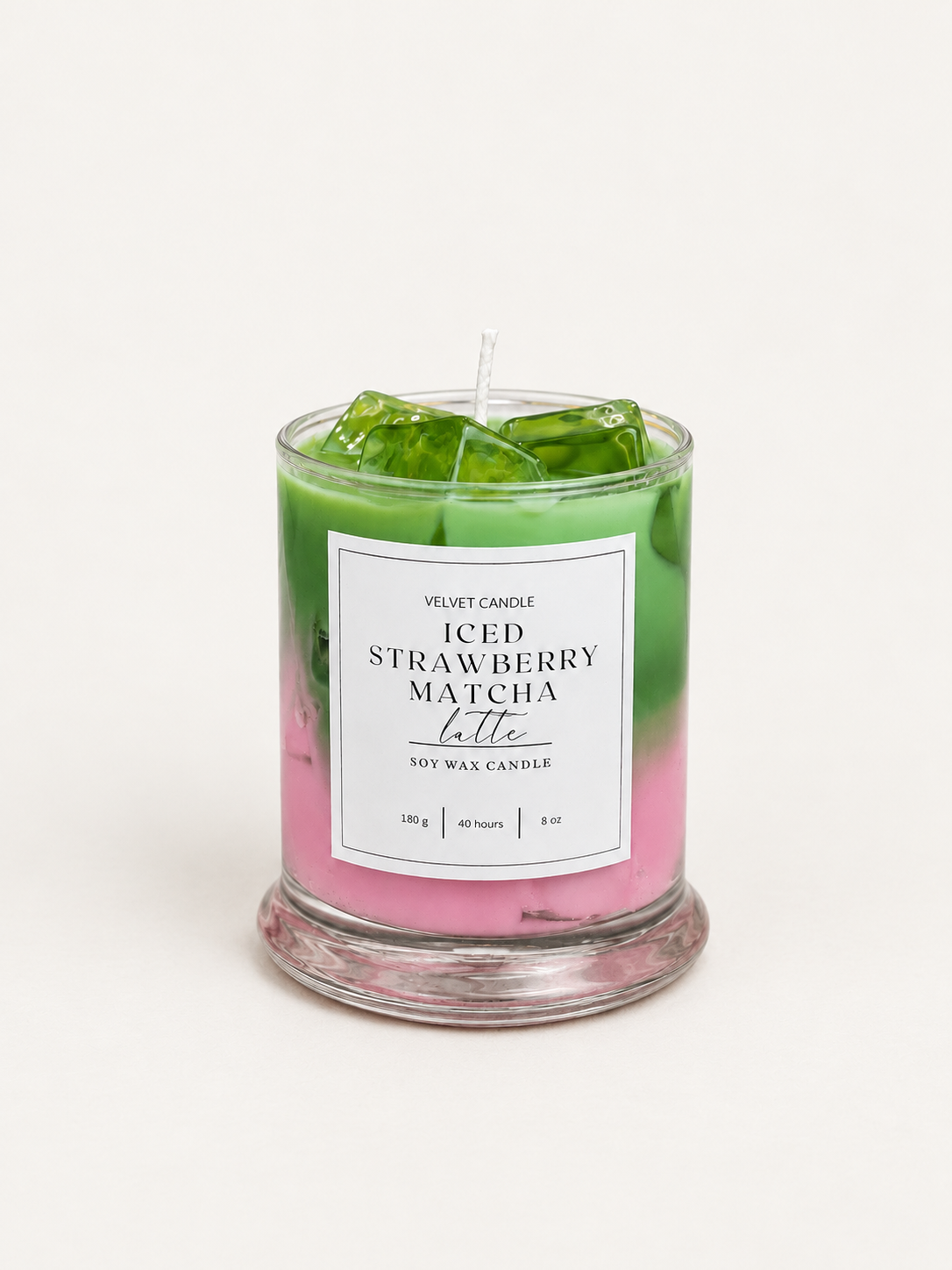 Iced Strawberry Matcha Latte candle with pink and green wax layers and translucent wax ice