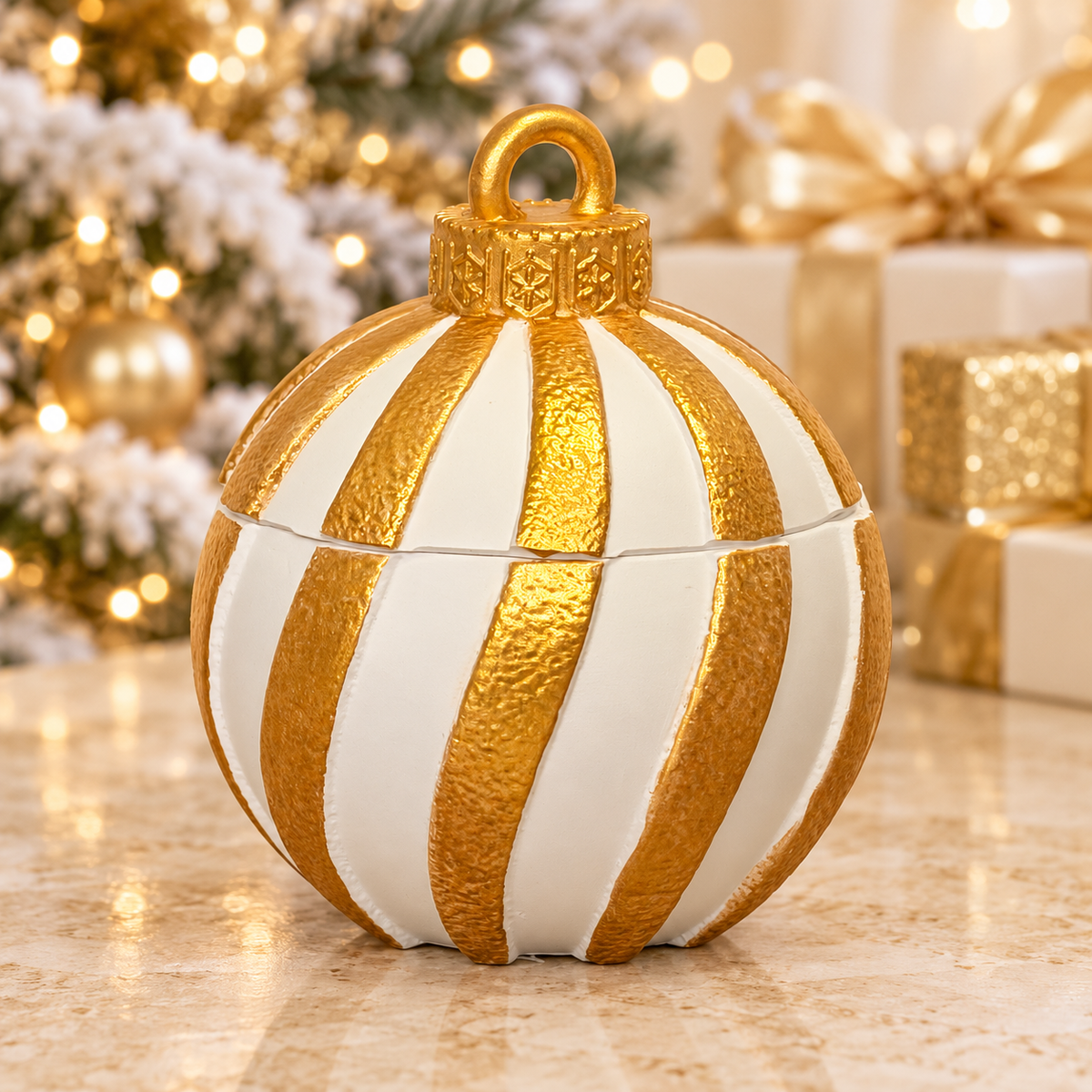 Real handmade striped ornament jar retouched in a Christmas setting, preserving the original gentle stripe curves