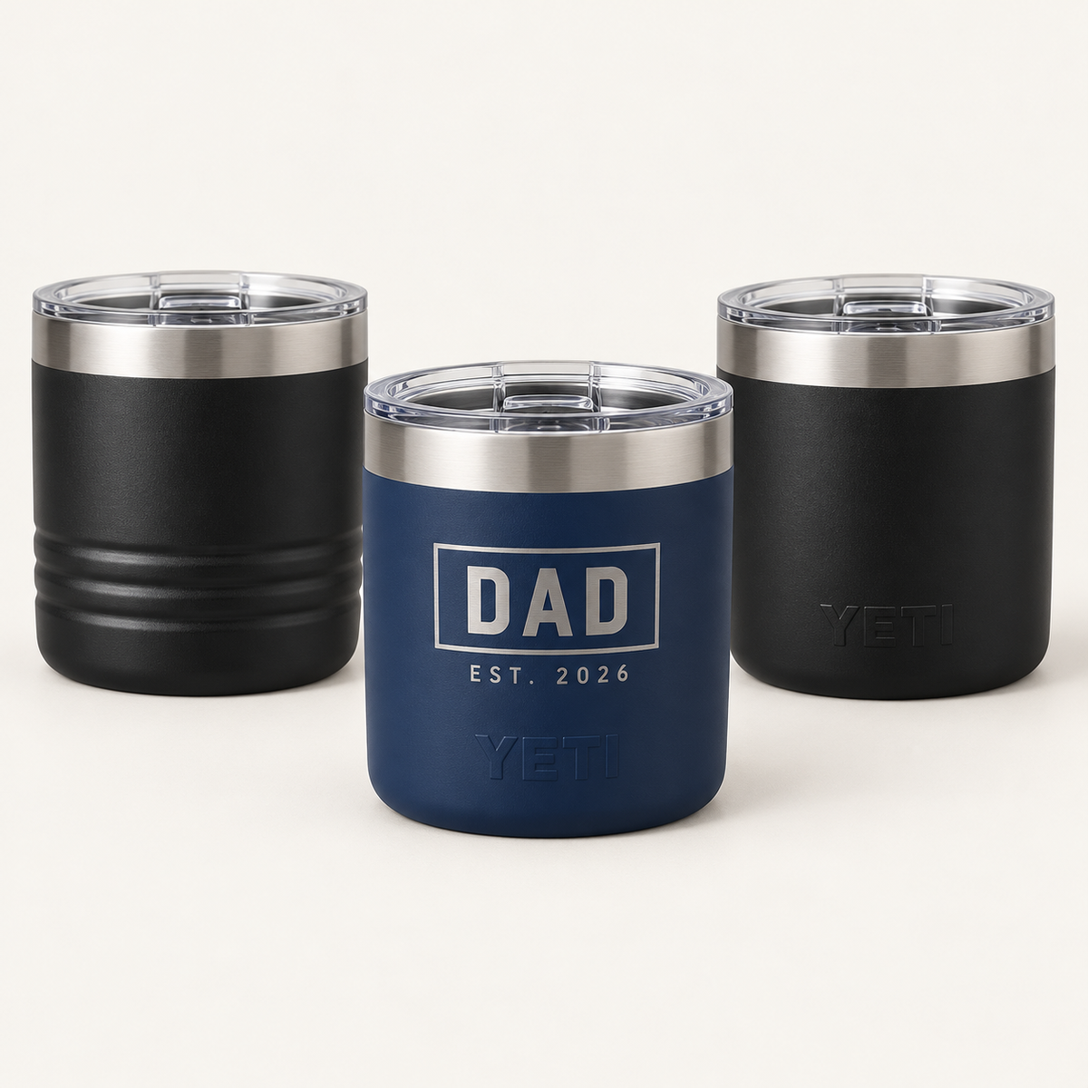 Illustrative Personalized 10 oz Lowball Cup — YETI or Polar Camel personalization mockups on barely beige background