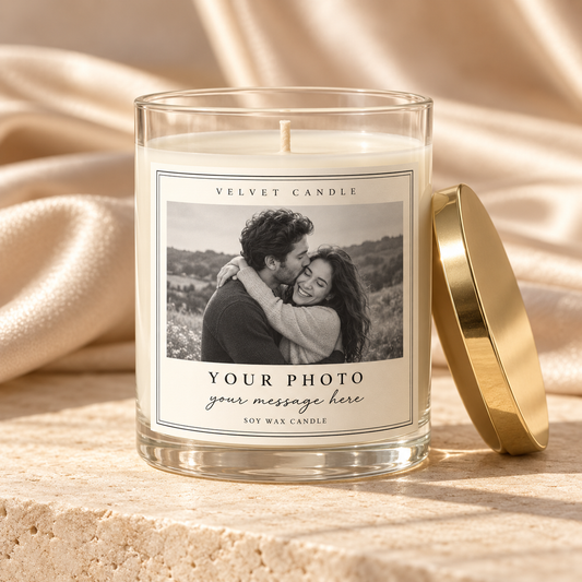 Design mockup showing a sample photo and personalized message on a Velvet soy candle