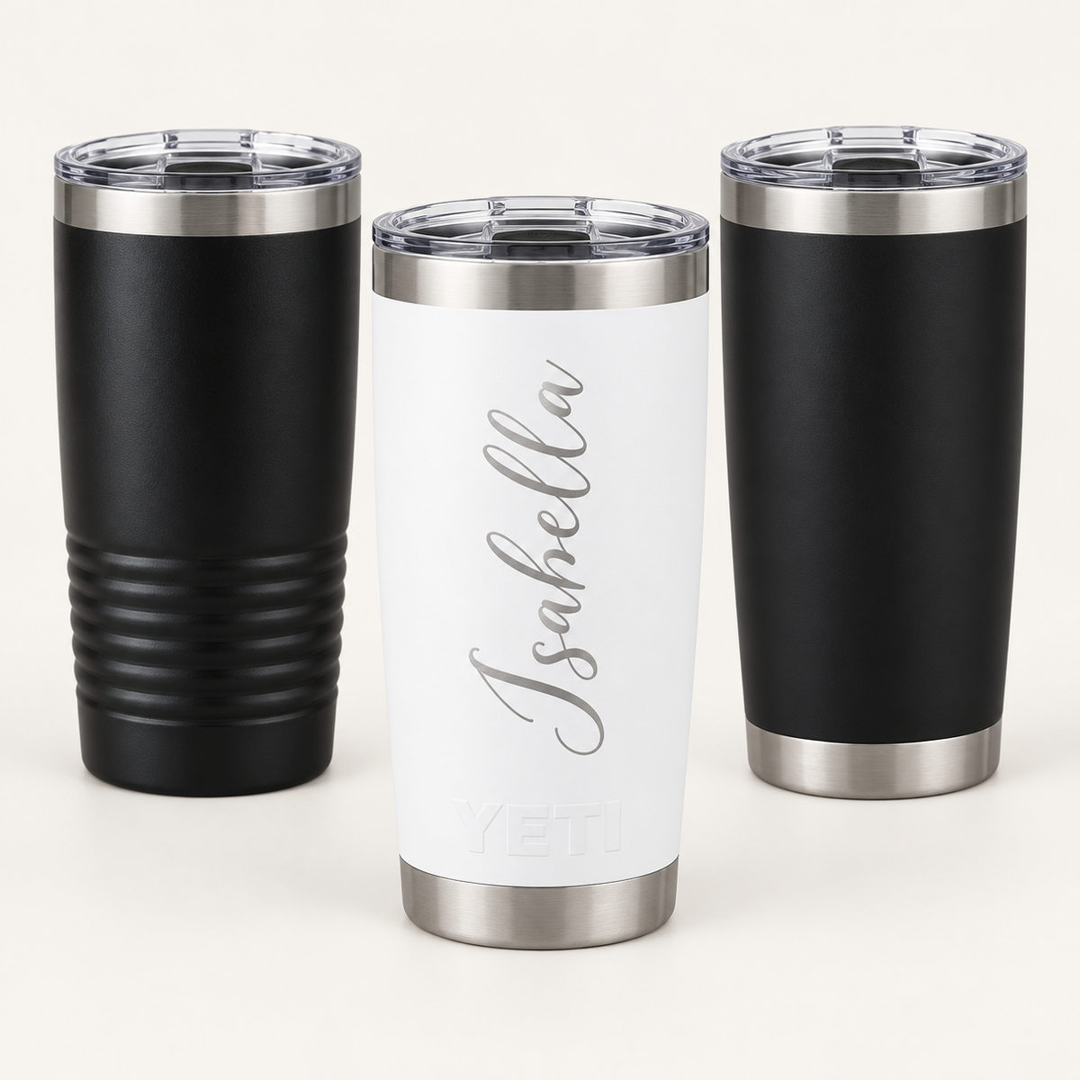 Illustrative Personalized 20 oz Tumbler — YETI or Polar Camel personalization mockups on barely beige background