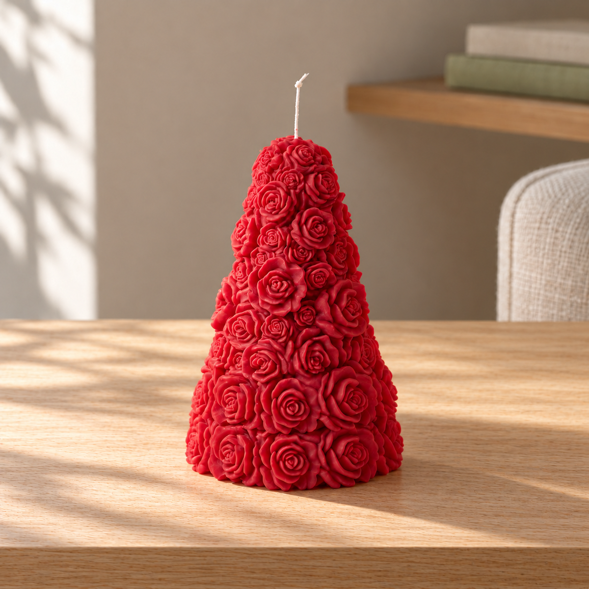 Rose Christmas Tree Soy Wax Candle on a straight pale oak table in natural daylight