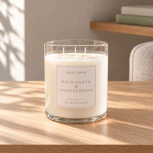 Giant 92 oz Multi-Wick Soy Candle on a straight pale oak table in natural daylight