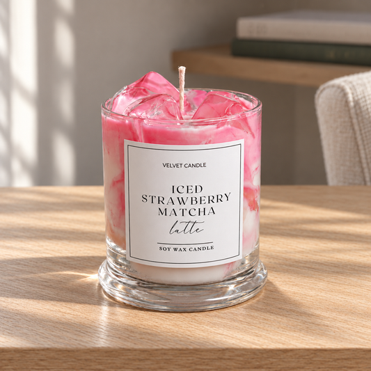 Iced Strawberry Latte Candle, 12 oz on a straight pale oak table in natural daylight