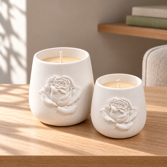 Rose Candle Gift Set — 12 oz & 9 oz on a straight pale oak table in natural daylight