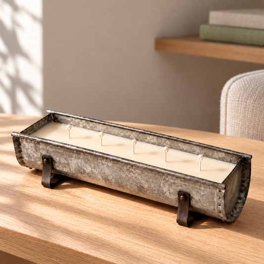 Personalized Rustic Farmhouse Trough Candle on a straight pale oak table in natural daylight