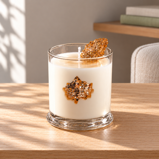 Golden Autumn Maple Leaf Candle, 12 oz on a straight pale oak table in natural daylight
