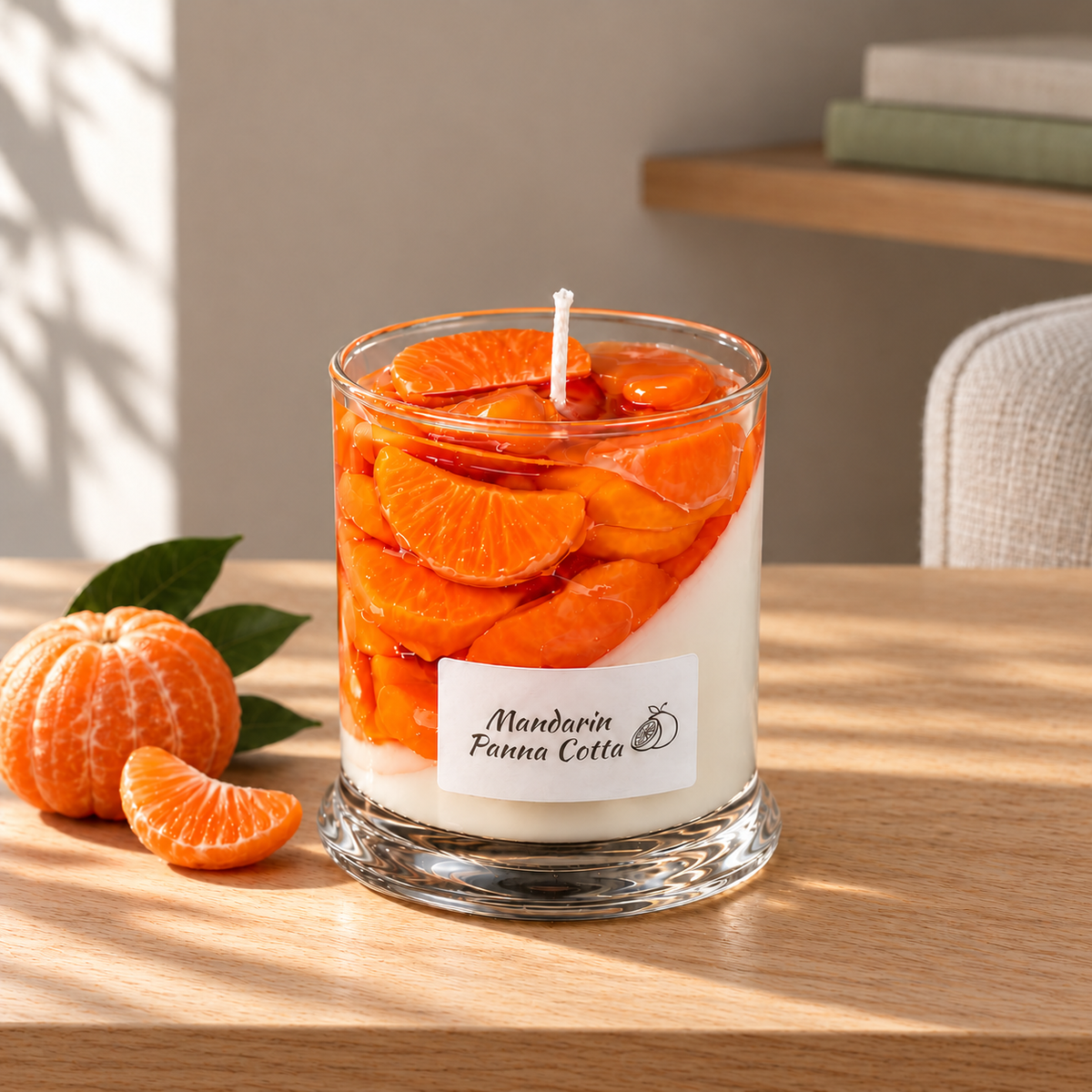Mandarin Panna Cotta Dessert Candle on a straight pale oak table in natural daylight