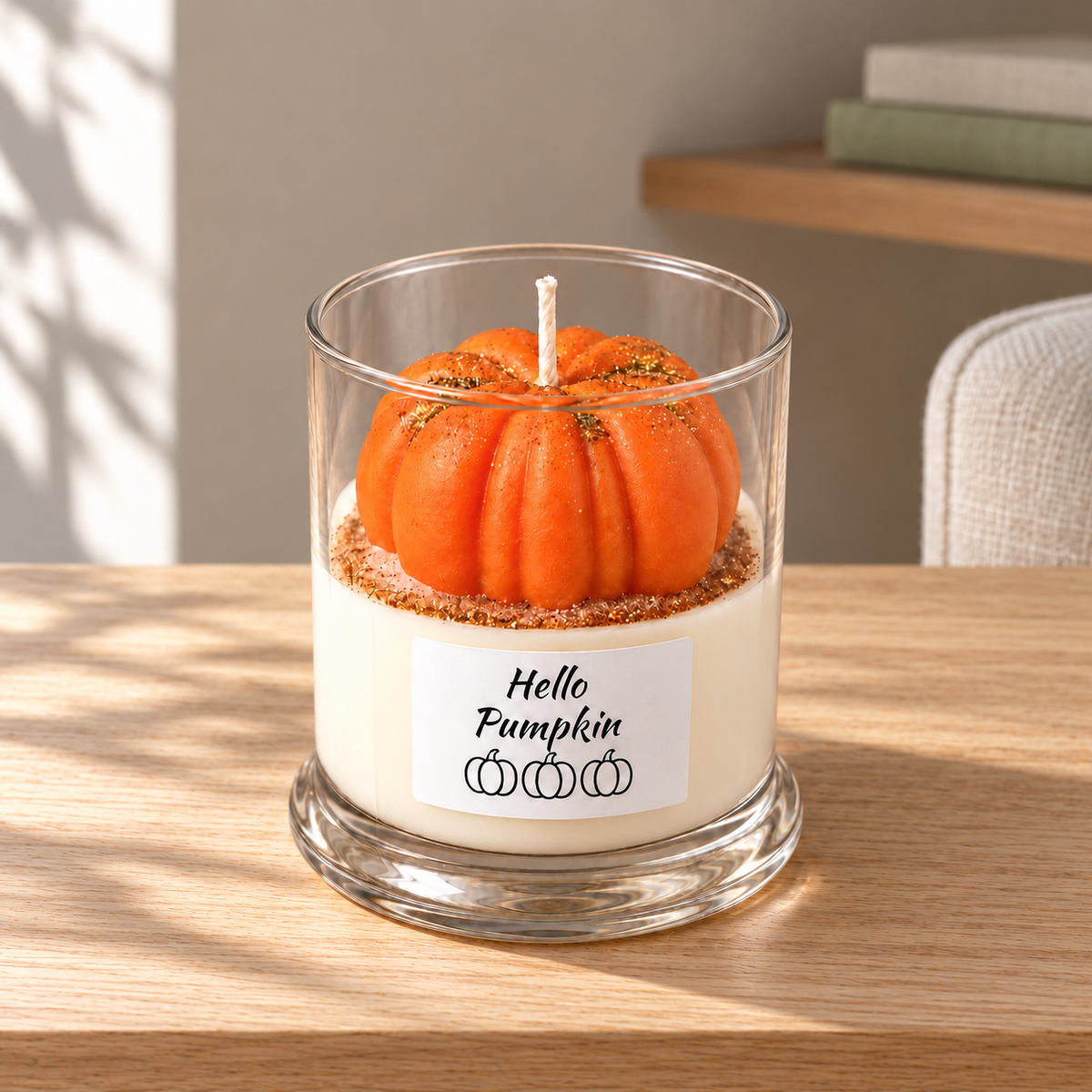 Hello Pumpkin Candle, 12 oz on a straight pale oak table in natural daylight