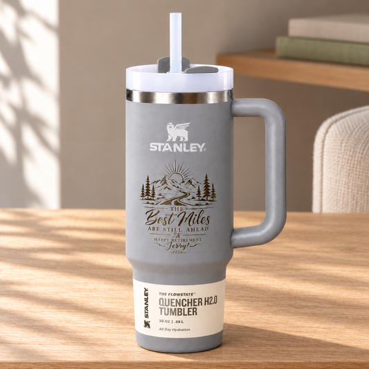Personalized Stanley Tumbler — Custom Laser Engraving — 30/40 oz on a straight pale oak table in natural daylight