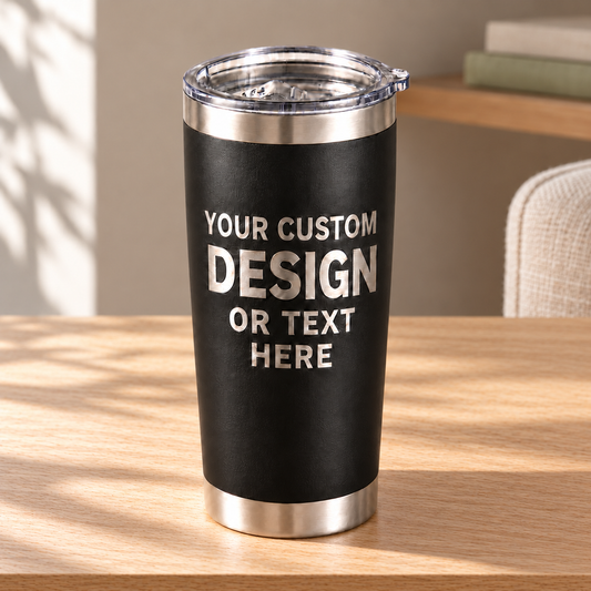 Personalized 20 oz Tumbler — Custom Laser Engraving on a straight pale oak table in natural daylight