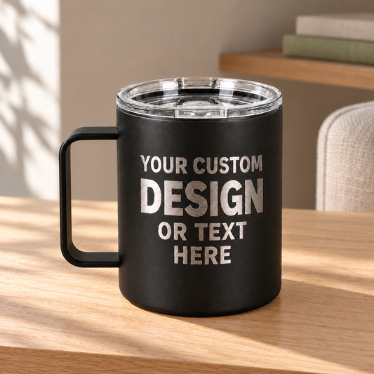 Personalized 12 oz Insulated Coffee Mug — Custom Laser Engraving on a straight pale oak table in natural daylight