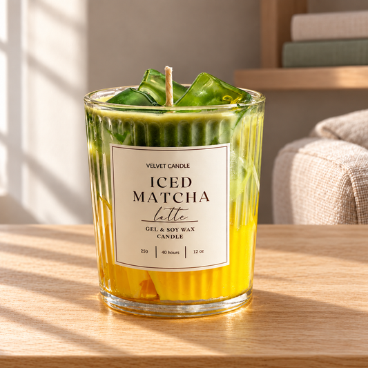 Iced Mango Matcha Latte Candle, 12 oz on a straight pale oak table in natural daylight