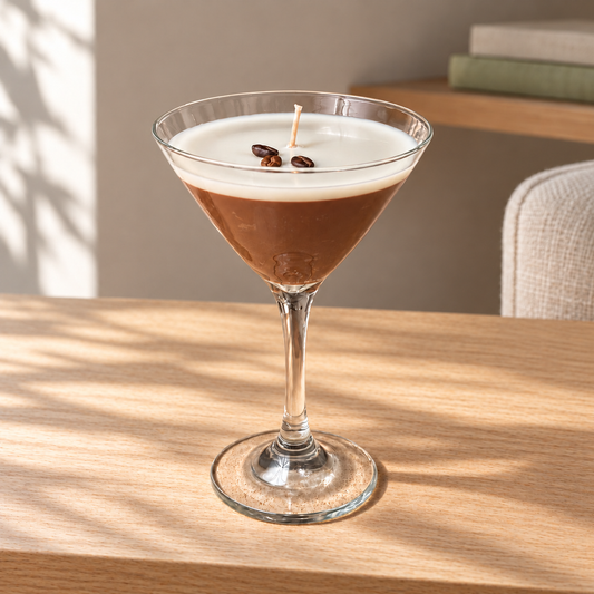 Espresso Martini Cocktail Candle on a straight pale oak table in natural daylight