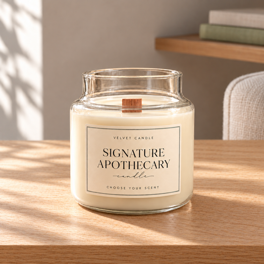 Signature Apothecary Candle on a straight pale oak table in natural daylight