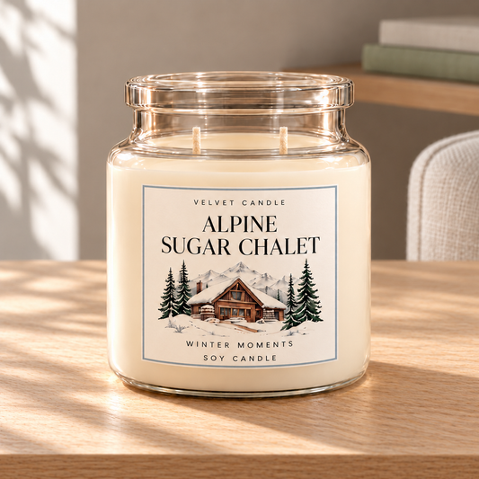 Alpine Sugar Chalet — Winter Moments Soy Candle on a straight pale oak table in natural daylight