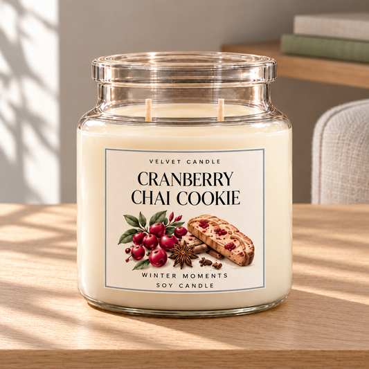 Cranberry Chai Cookie — Winter Moments Soy Candle on a straight pale oak table in natural daylight