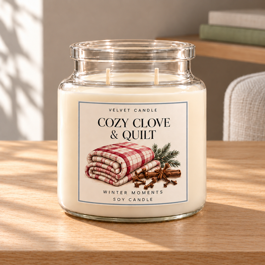 Cozy Clove & Quilt — Winter Moments Soy Candle on a straight pale oak table in natural daylight